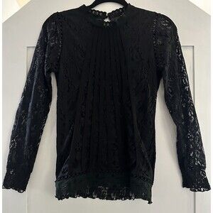 Oserjep Women’s Black Pleated Long Sleeve High Neck Lace Blouse Size S